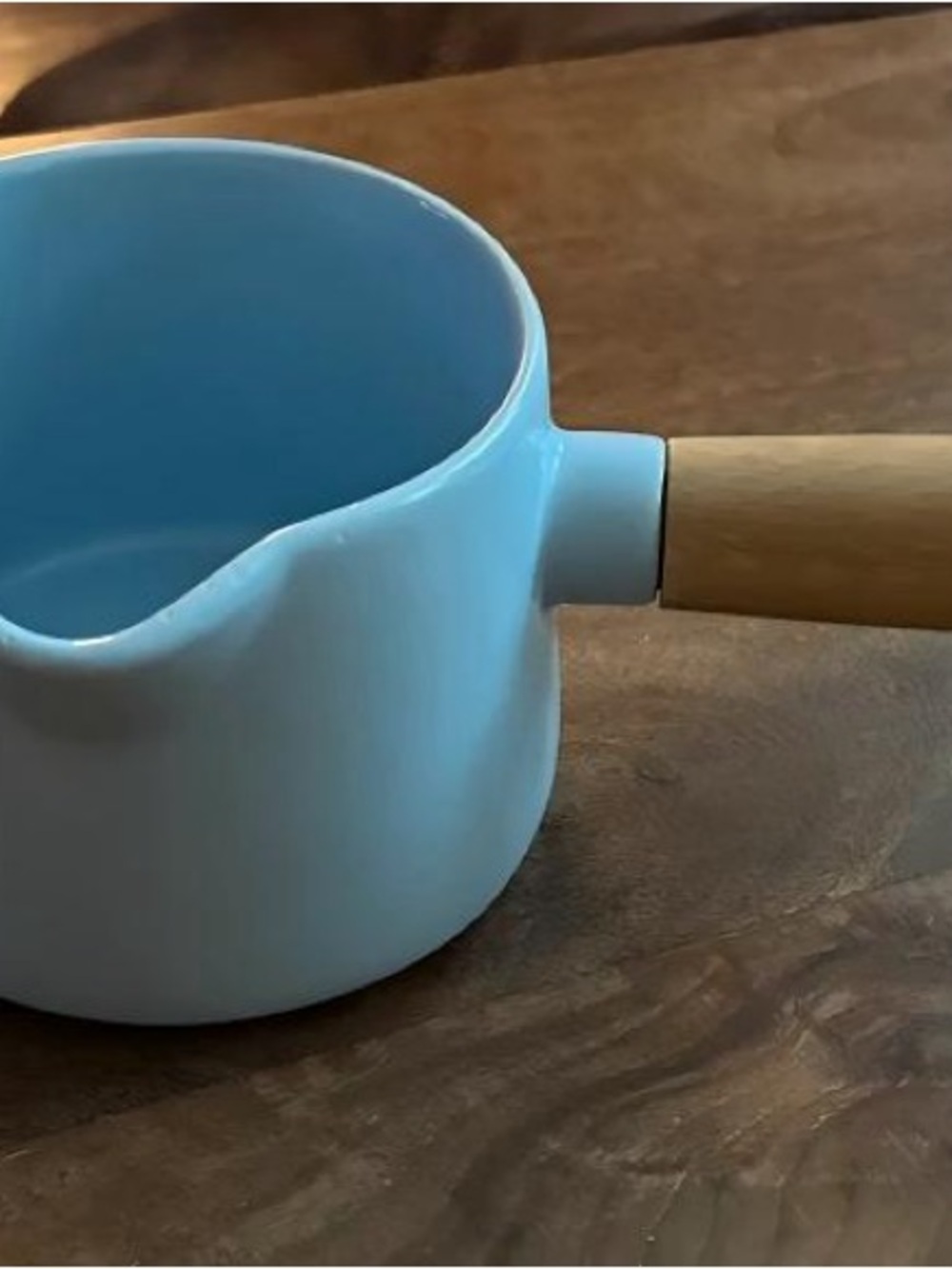 Minimal Ceramic Milk Pot with Wooden Handle - Light Blue